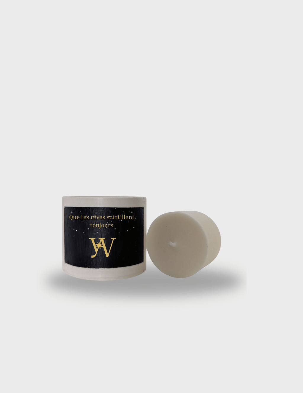 Bougie parfumée artisanale taille S en cire végétale avec pot en jesmonite réutilisable. Message caché révélé à la chaleur : “Que tes rêves scintillent toujours”. Fabrication artisanale. 