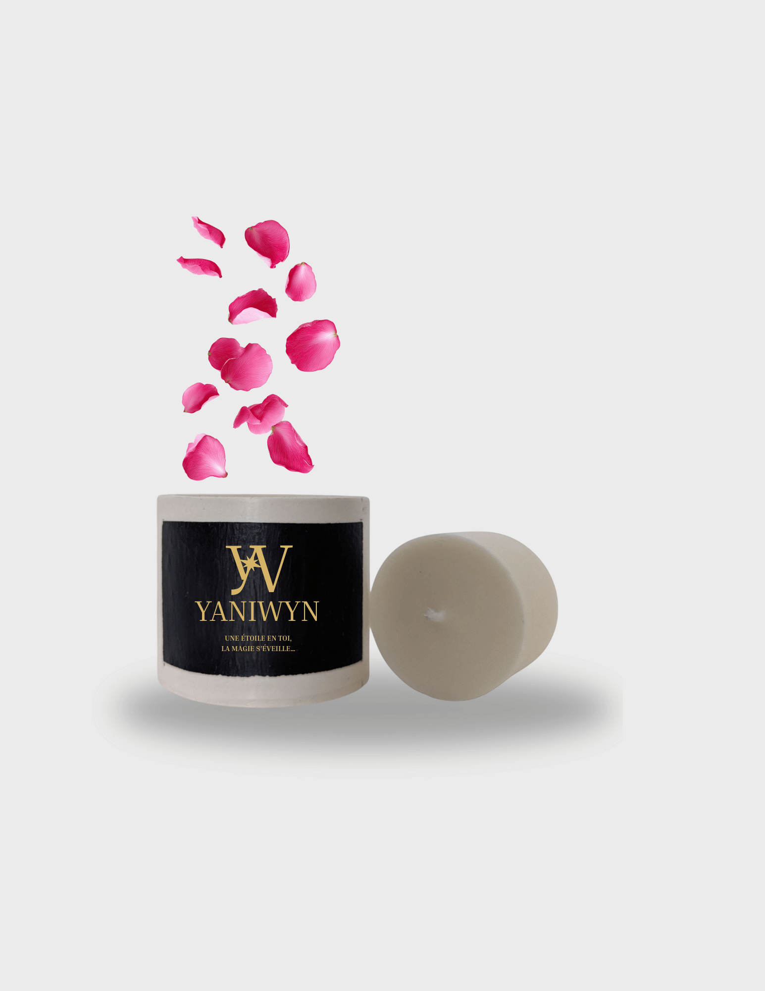 Bougie parfumée artisanale taille S en cire végétale avec pot en jesmonite réutilisable. Parfumée à la fleur de cerisier. Message caché révélé à la chaleur : “Une étoile en toi, la magie s'éveille...”. Fabrication artisanale.