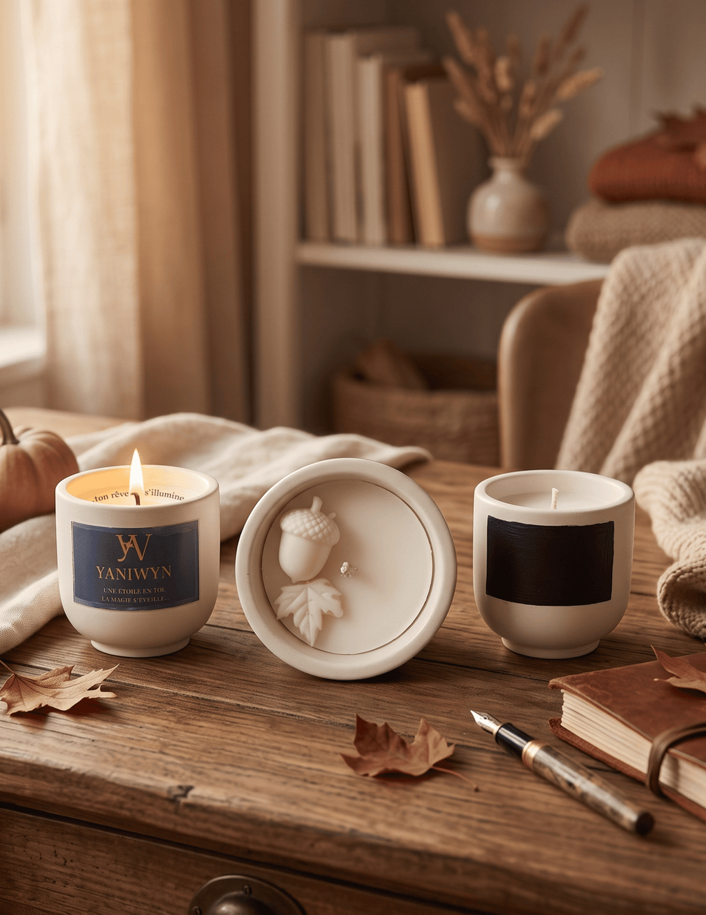 bougie parfumée d'automne avec message caché décoration gland de noisette et feuille.