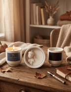 bougie parfumée d'automne avec message caché décoration gland de noisette et feuille.