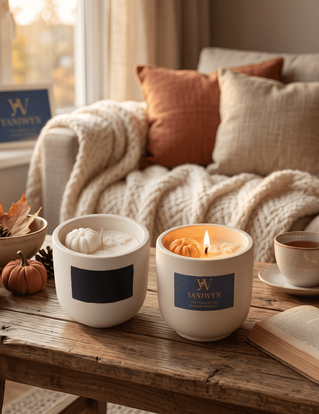 bougie parfumée d'automne avec message caché décoration citrouille et feuilles.