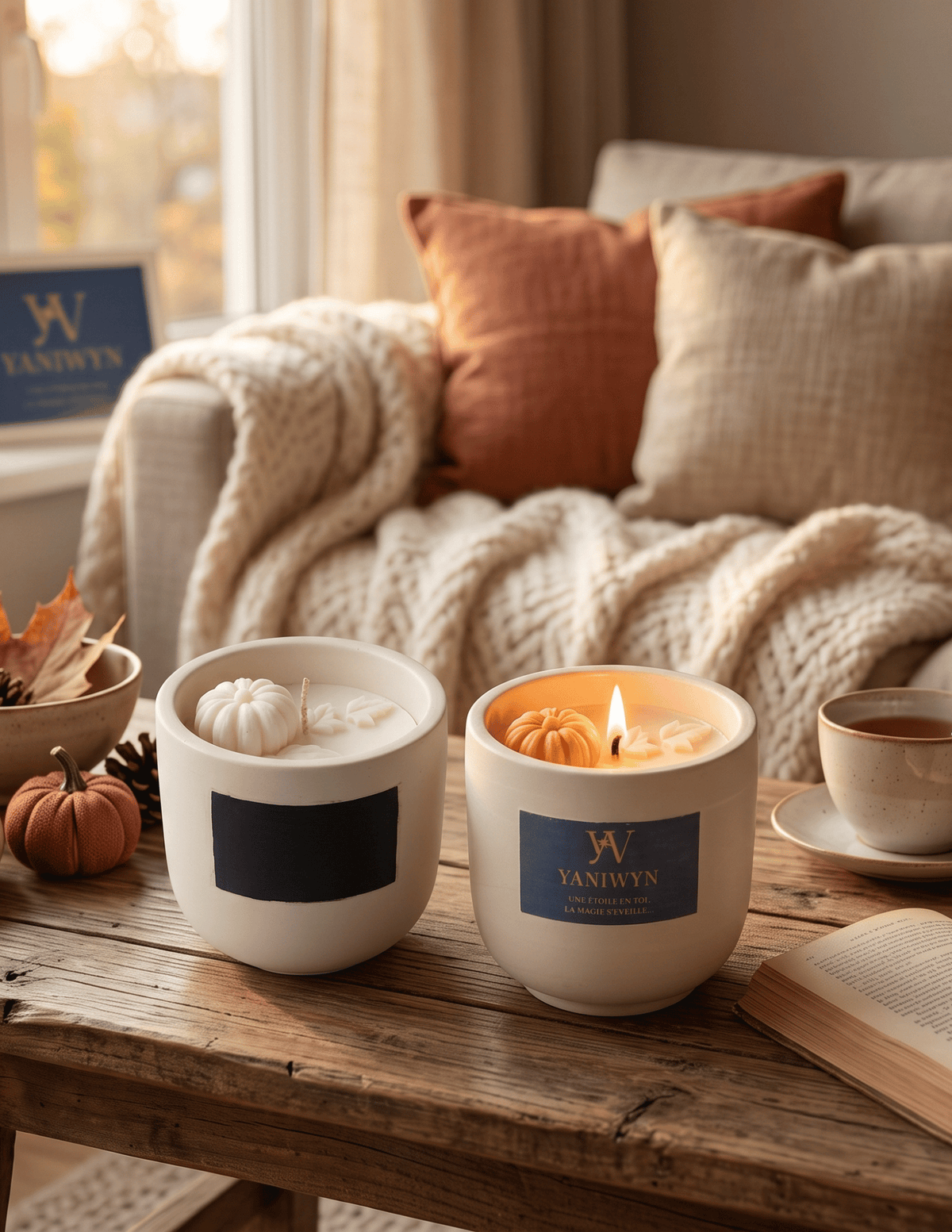 bougie parfumée d'automne avec message caché décoration citrouille et feuilles.